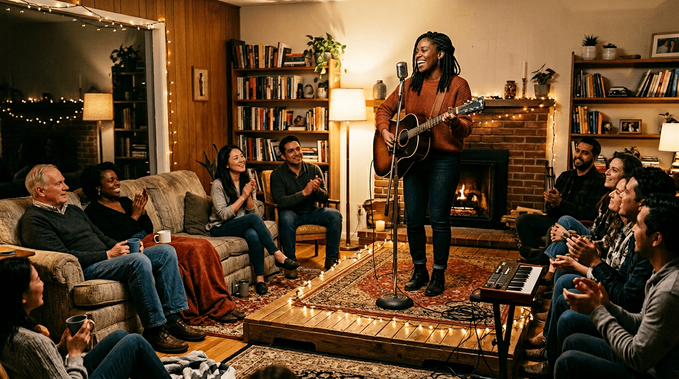 Home church in a living room: raised stage with musician, acoustic guitar, and microphone before a diverse seated audience