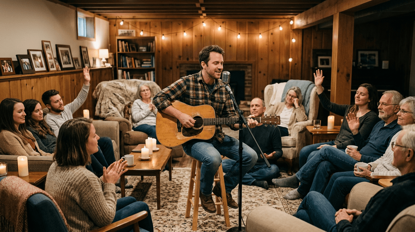 Folk musician performing in a home gathering with people in communion and fellowship