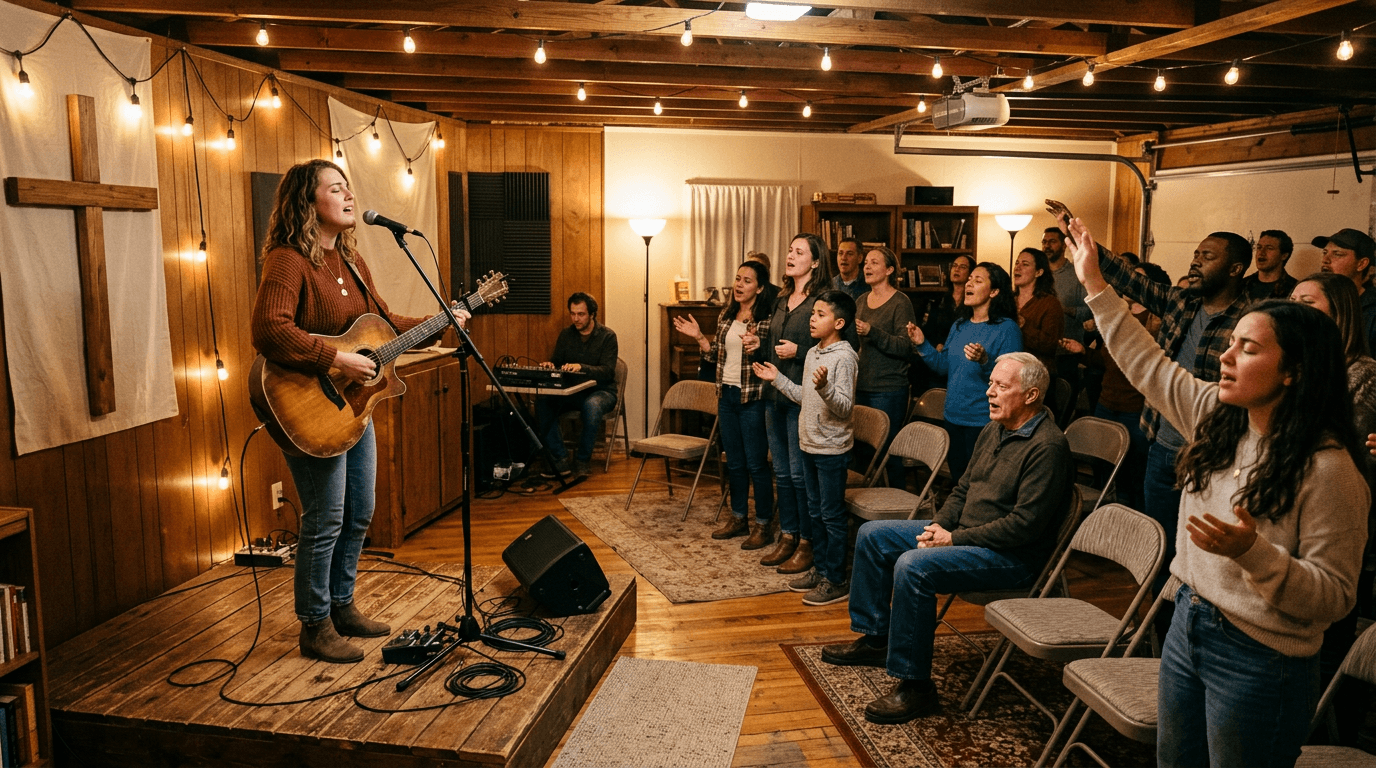 Acoustic artist on home stage with people gathered in worship at Church of Music