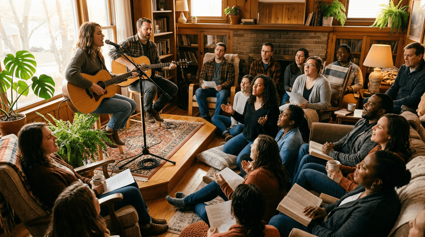 Acoustic artist performing in a living room while people gather in worship at a Church of Music home group