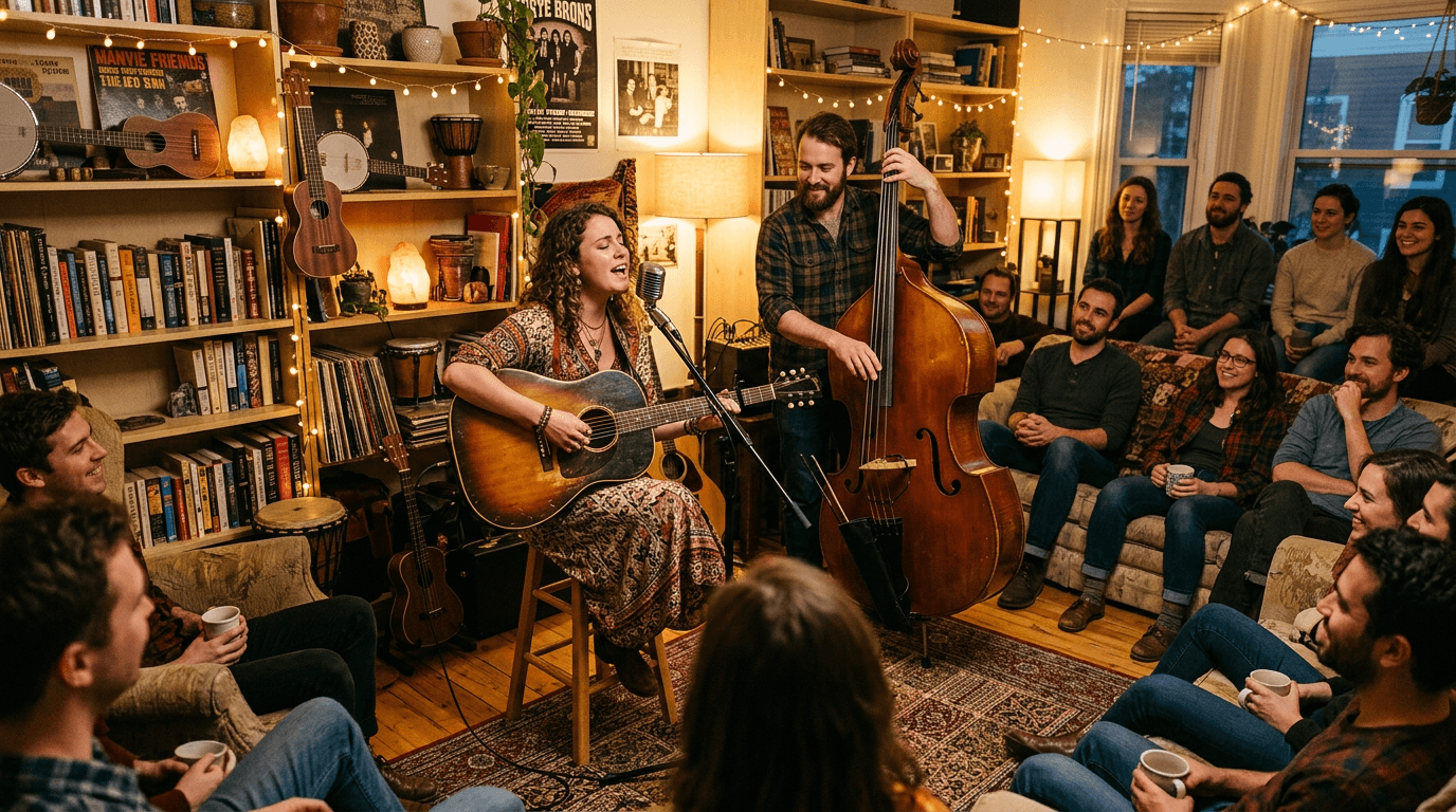 Singer with acoustic guitar and upright bass at house concert