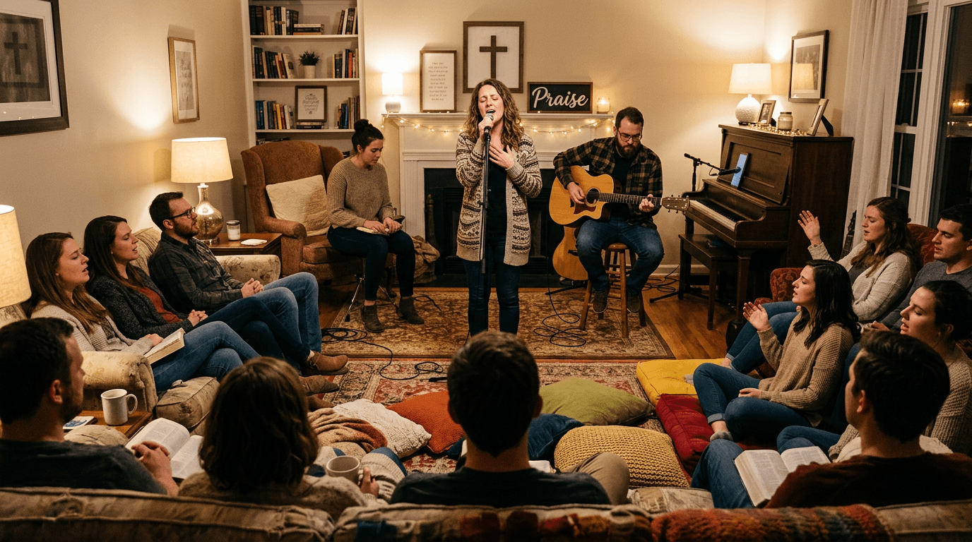 Small acoustic band with piano and guitar performing at home for audience