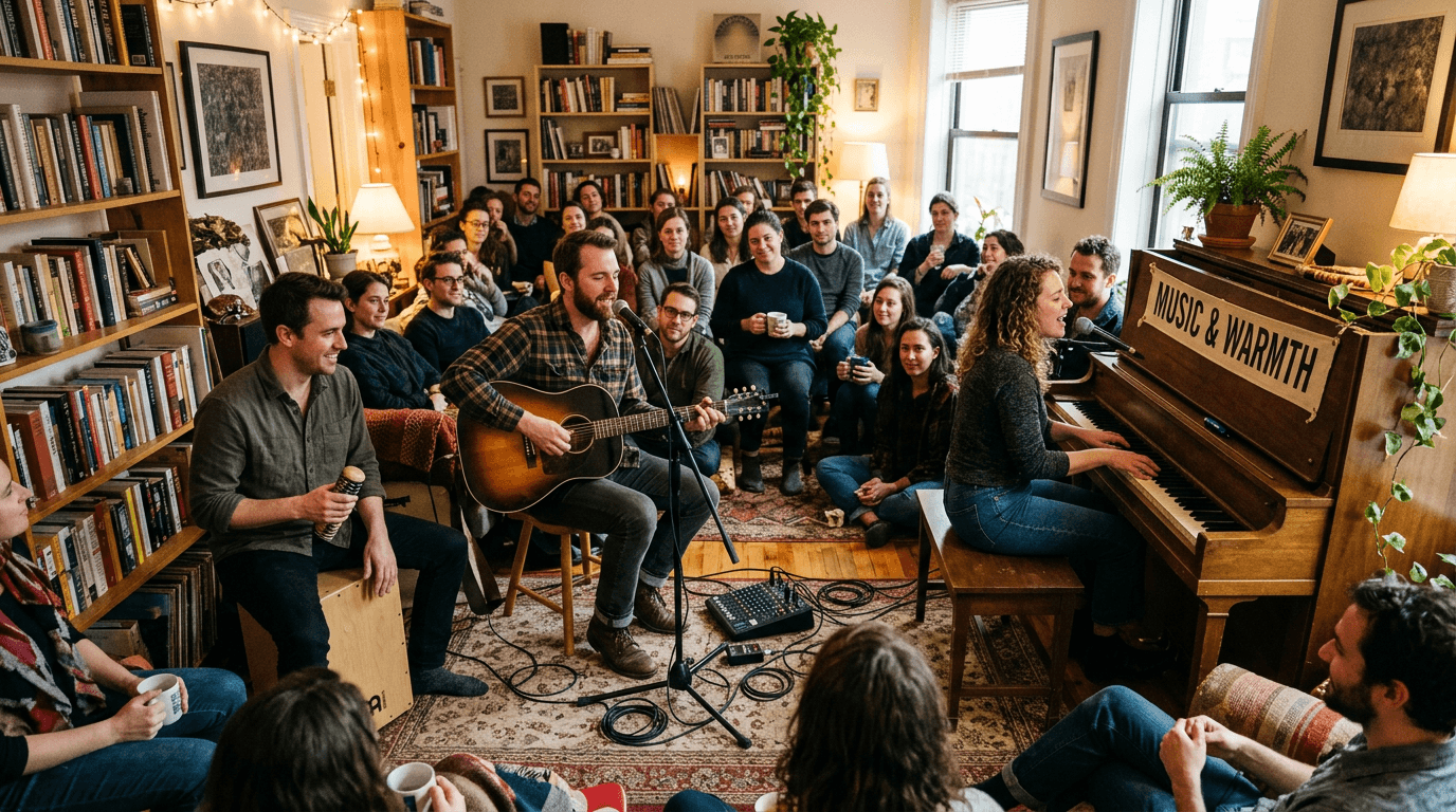 2–3 piece band performing acoustic and piano-driven music at a Tiny Desk style house concert