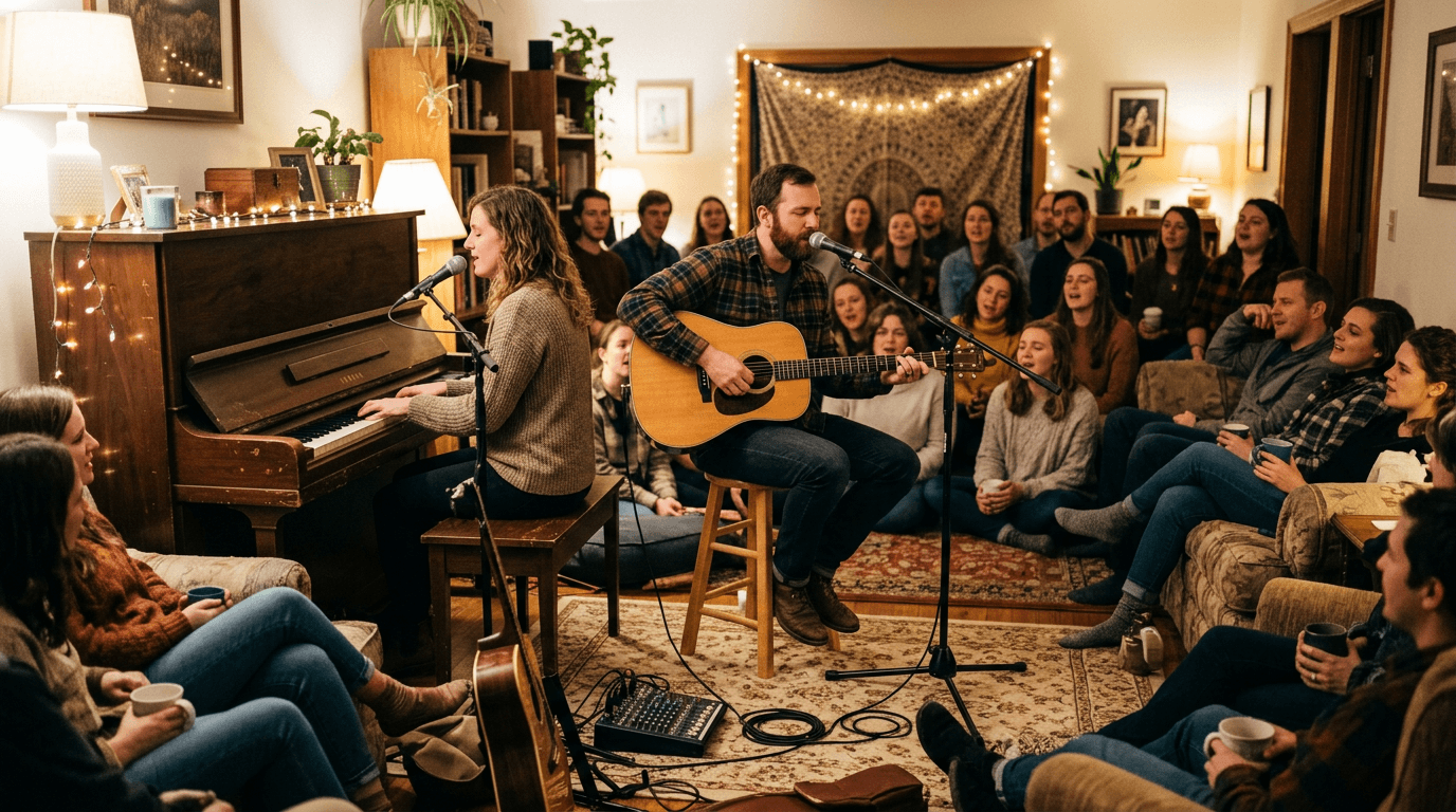 Pianist and acoustic guitarist performing for home group audience at house concert